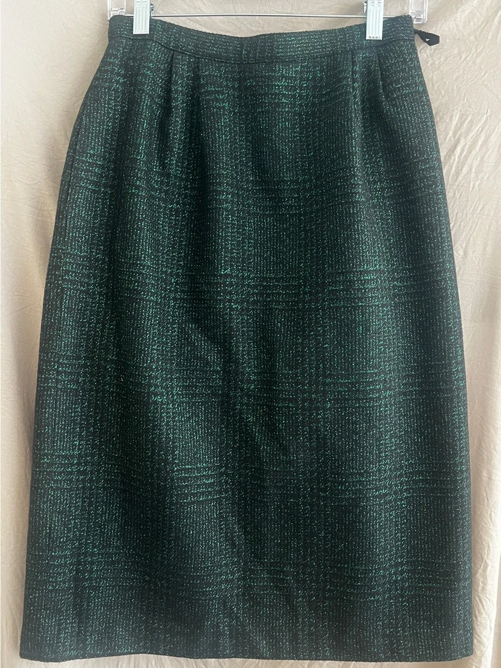 Structured Dark Green Tweed Pencil Skirt - Women's